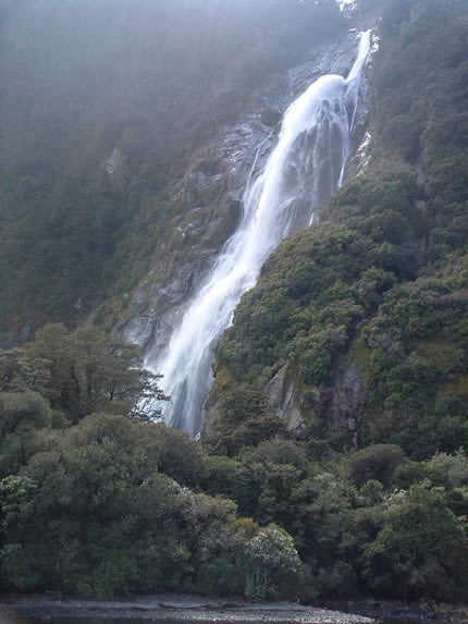 One of the many waterfalls at Milford Sound