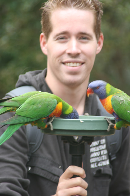 Paul holding the birds whilst they were feeding